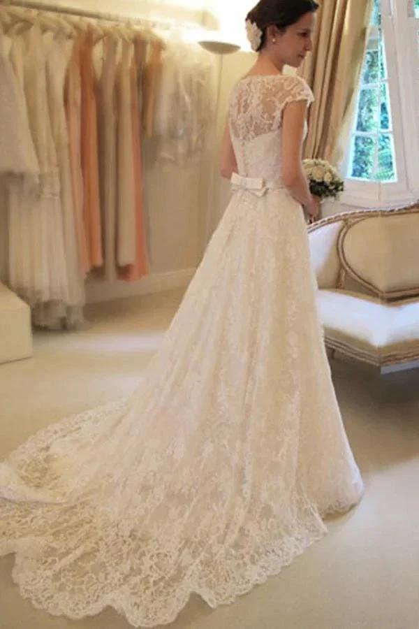 Scoop Neck Short Sleeve A-Line Lace Wedding Dress WD043 by pgmdress