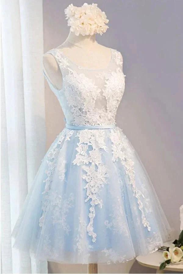 Scoop Neck Short Tulle Homecoming Dress Party Dress With Appliques Lace PG137 by pgmdress