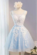 Scoop Neck Short Tulle Homecoming Dress Party Dress With Appliques Lace PG137 by pgmdress