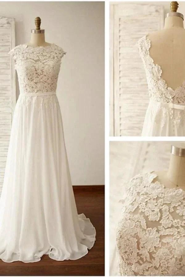 Scoop Neck V-Back Lace A-Line Cap Sleeve Wedding Dress WD100 by pgmdress
