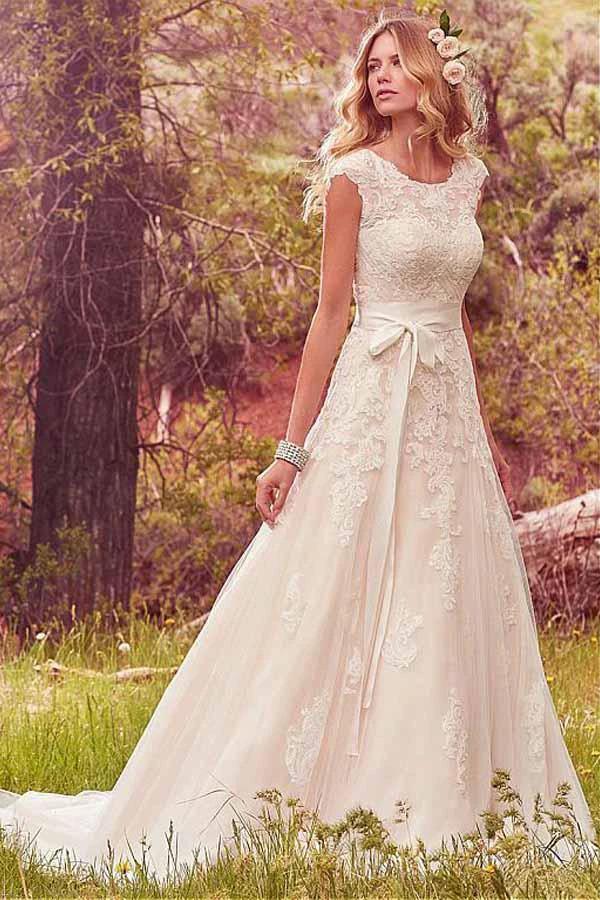 Scoop Neckline A-Line Tulle Wedding Dresses With Lace Appliques WD202 by pgmdress