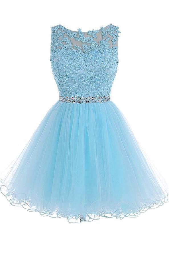 Scoop Short Blue Zipper-up Tulle Homecoming Dress PG013 by pgmdress