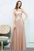 Scoop Sleeveless A-line Floor Length Sequined Prom Dresses by misshow.com