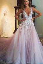 Scoop V-neck Long Wedding Dress/Prom Dress with Appliques PG359 by pgmdress