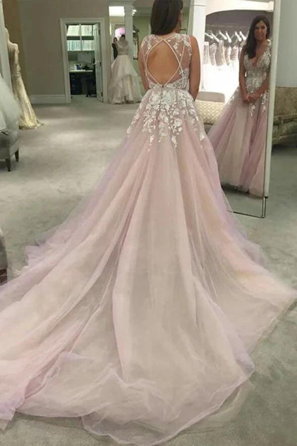 Scoop V-neck Long Wedding Dress/Prom Dress with Appliques PG359 by pgmdress