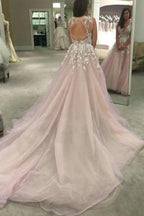 Scoop V-neck Long Wedding Dress/Prom Dress with Appliques PG359 by pgmdress