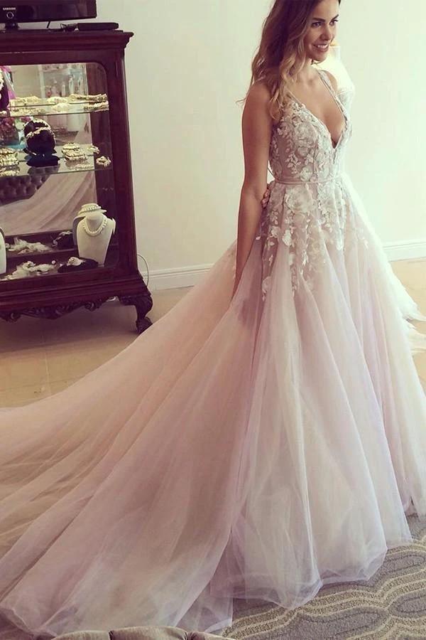 Scoop V-neck Long Wedding Dress/Prom Dress with Appliques PG359 by pgmdress