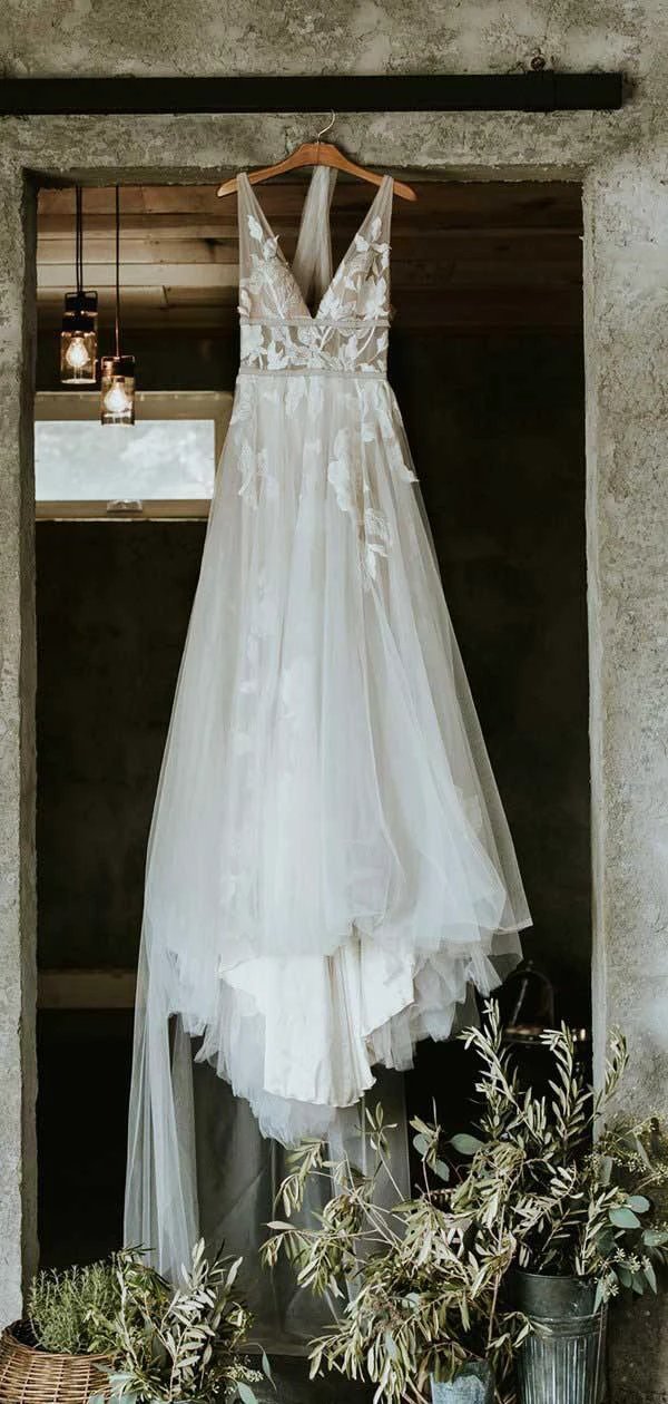 See Through Lace Ivory Tulle V-neck V-back Beach Wedding Dresses WD419 by pgmdress