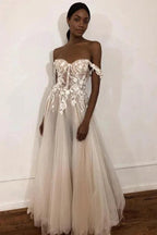 See-Through Off Shoulder Ivory Long Wedding Dress with Appliques WD363 by pgmdress