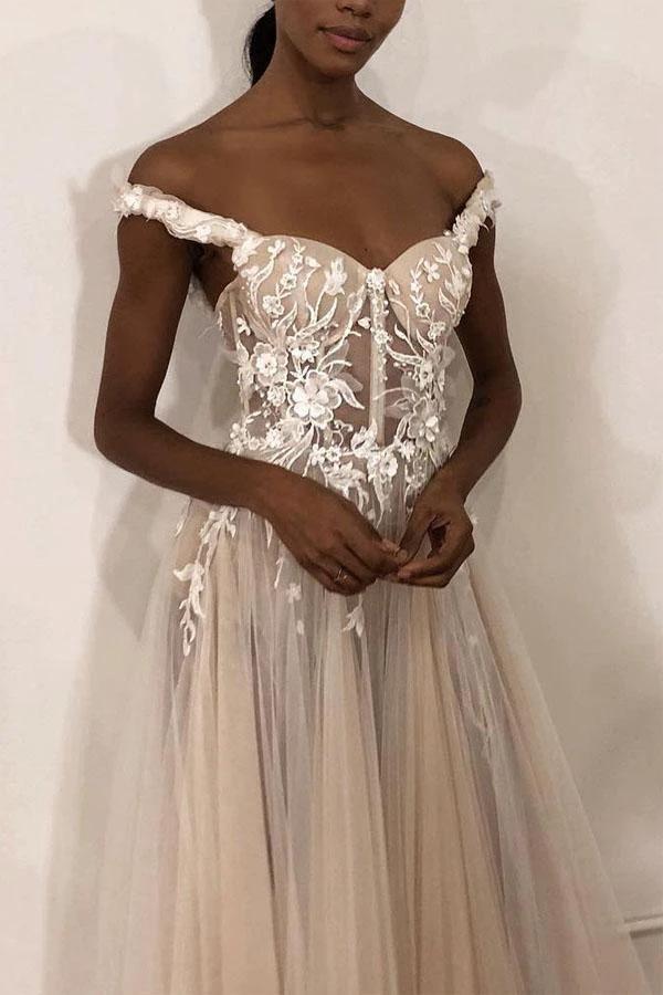 See-Through Off Shoulder Ivory Long Wedding Dress with Appliques WD363 by pgmdress