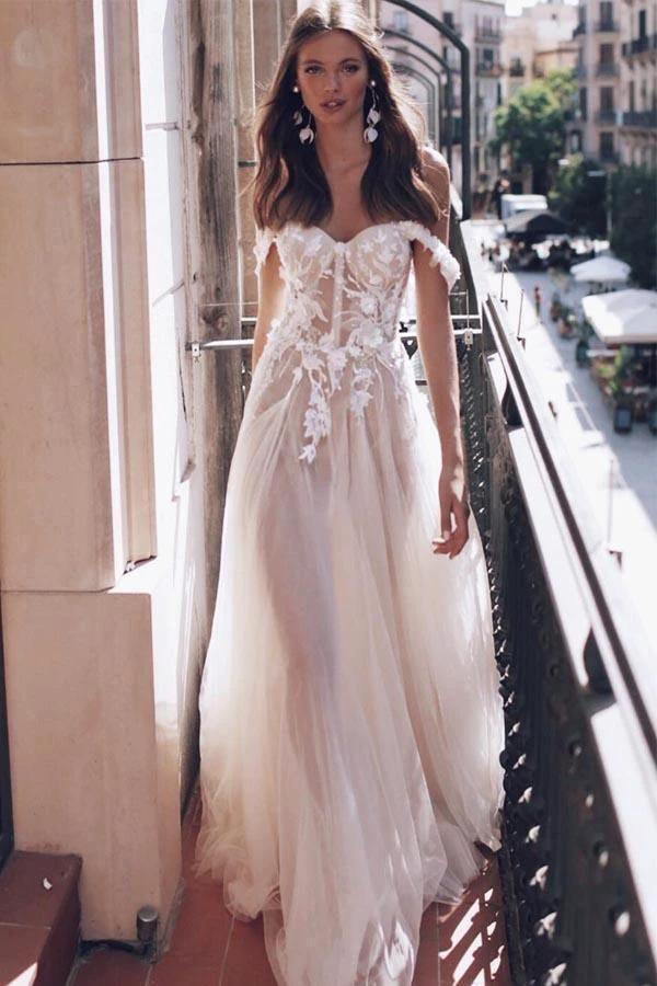 See-Through Off Shoulder Ivory Long Wedding Dress with Appliques WD363 by pgmdress