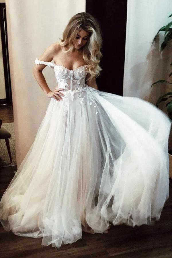 See-Through Off Shoulder Ivory Long Wedding Dress with Appliques WD363 by pgmdress