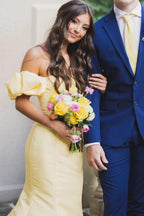 Seoni | Yellow Satin Strapless Mermaid Pleated Long Formal Prom Dress with Sleeves by KissProm