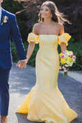 Seoni | Yellow Satin Strapless Mermaid Pleated Long Formal Prom Dress with Sleeves by KissProm
