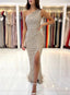 Elegante vestido de fiesta largo de sirena con un hombro al descubierto, lentejuelas, sin mangas y abertura frontal