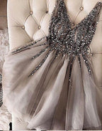 Sequins Beaded V-neck Tulle Short Prom Dresses Gray Homecoming Dresses PD336 by pgmdress