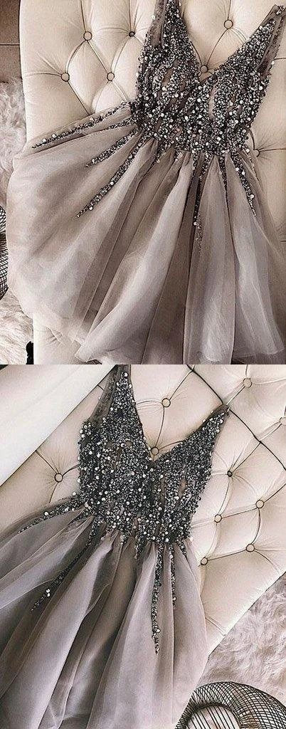 Sequins Beaded V-neck Tulle Short Prom Dresses Gray Homecoming Dresses PD336 by pgmdress
