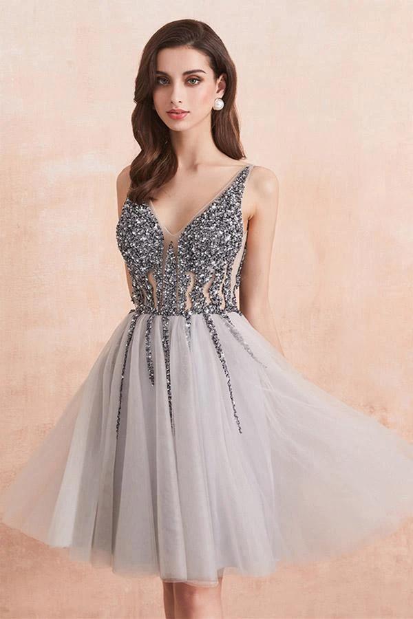Sequins Beaded V-neck Tulle Short Prom Dresses Gray Homecoming Dresses PD336 by pgmdress