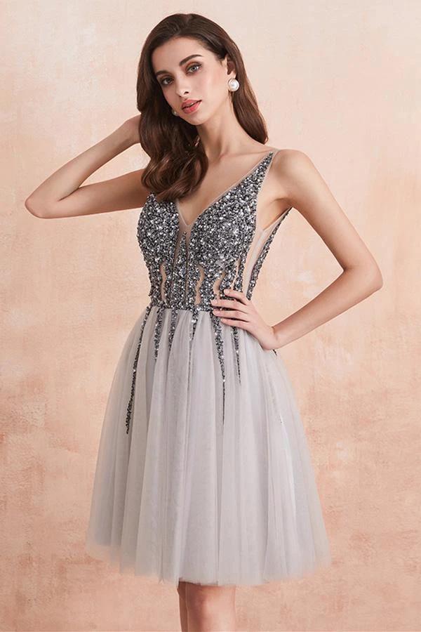 Sequins Beaded V-neck Tulle Short Prom Dresses Gray Homecoming Dresses PD336 by pgmdress