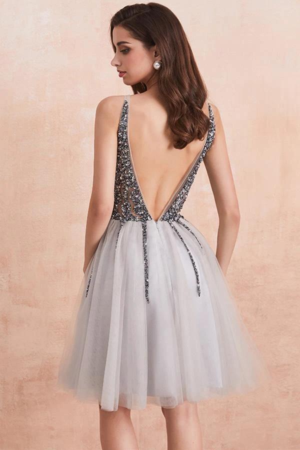 Sequins Beaded V-neck Tulle Short Prom Dresses Gray Homecoming Dresses PD336 by pgmdress