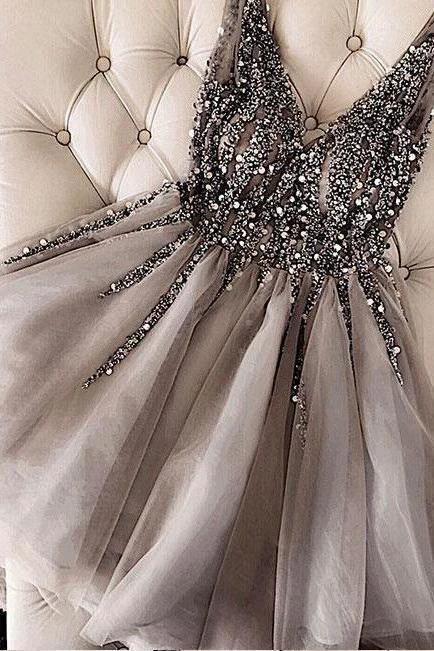 Sequins Beaded V-neck Tulle Short Prom Dresses Gray Homecoming Dresses PD336 by pgmdress
