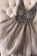 Sequins Beaded V-neck Tulle Short Prom Dresses Gray Homecoming Dresses PD336 by pgmdress