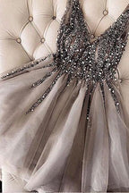 Sequins Beaded V-neck Tulle Short Prom Dresses Gray Homecoming Dresses PD336 by pgmdress