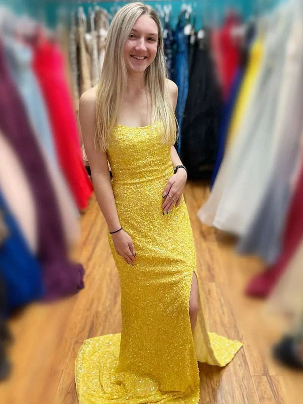 Sequins Mermaid Strapless Backless Long Formal Prom Dresses with High Slit by BIZTUNNEL