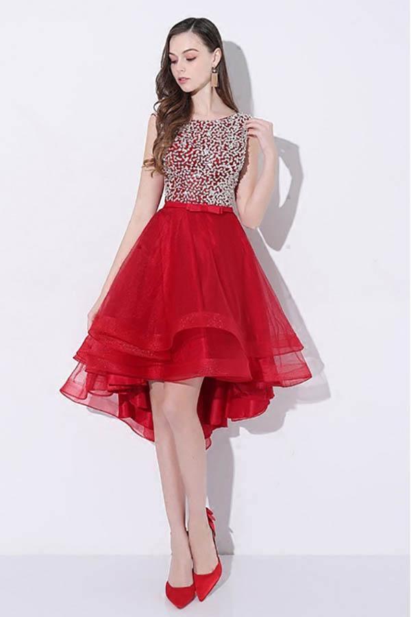 Sequins Red High Low Prom Homecoming Dress with Open Back PD095 Hover Image