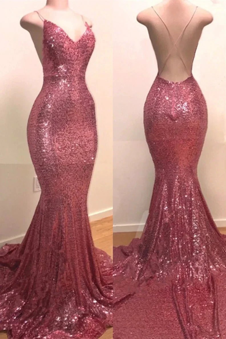 Sequins V-neck Sleeveless Spaghetti Backless Prom Dresses by misshow.com