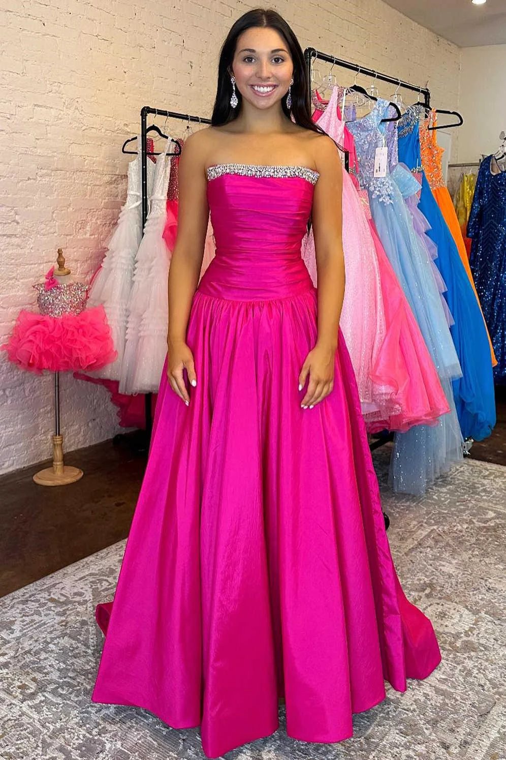 Seraphia | Strapless Fuchsia Beaded A-Line Long Prom Dresss by KissProm