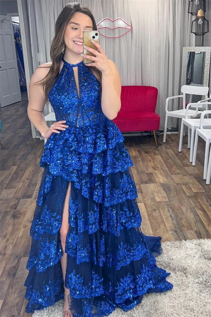 Seraphine | High Neck Sleeveless Empire Lace Tiered Long Formal Dress by KissProm
