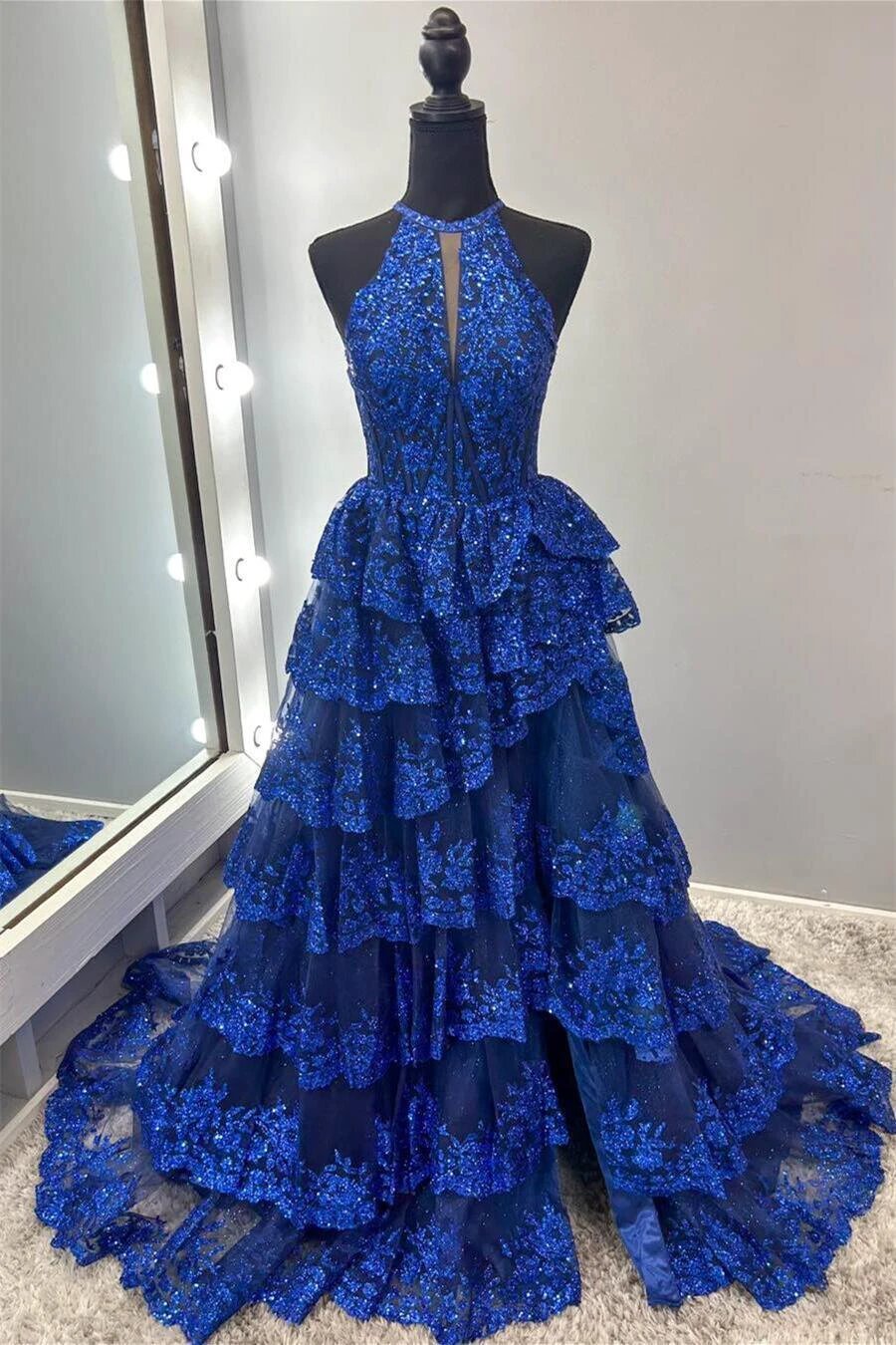Seraphine | High Neck Sleeveless Empire Lace Tiered Long Formal Dress by KissProm