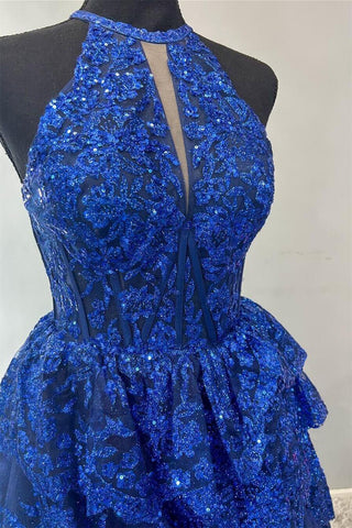 Seraphine | High Neck Sleeveless Empire Lace Tiered Long Formal Dress
