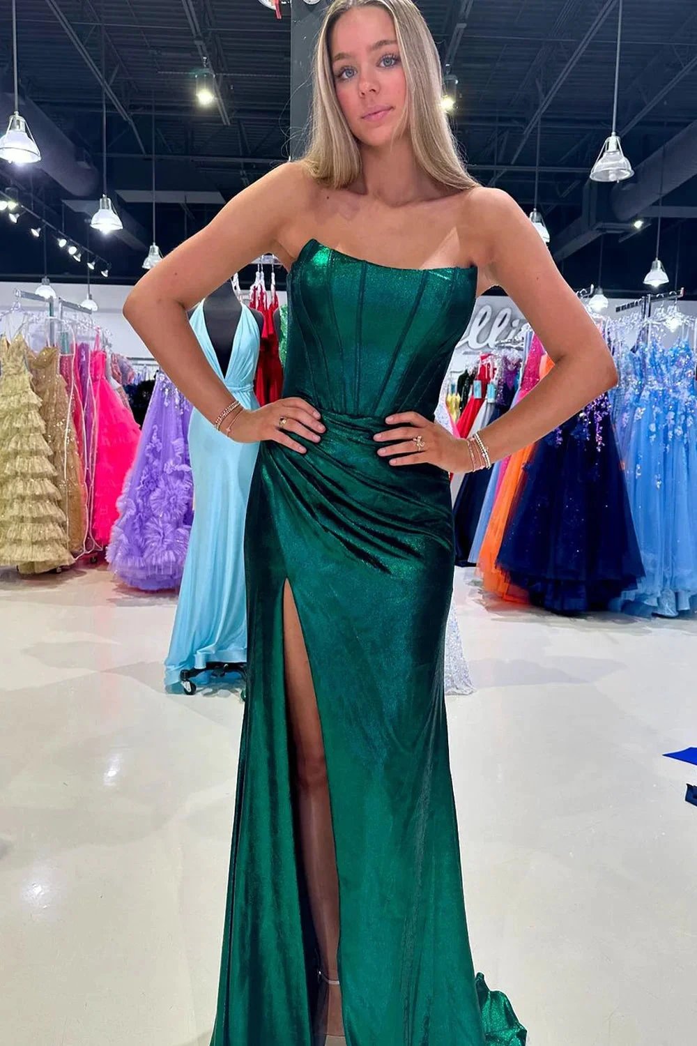 Serilda | Dark Green Strapless Sheath Satin Long Prom Dress With Split by KissProm
