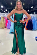 Serilda | Dark Green Strapless Sheath Satin Long Prom Dress With Split by KissProm
