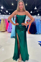 Serilda | Dark Green Strapless Sheath Satin Long Prom Dress With Split by KissProm