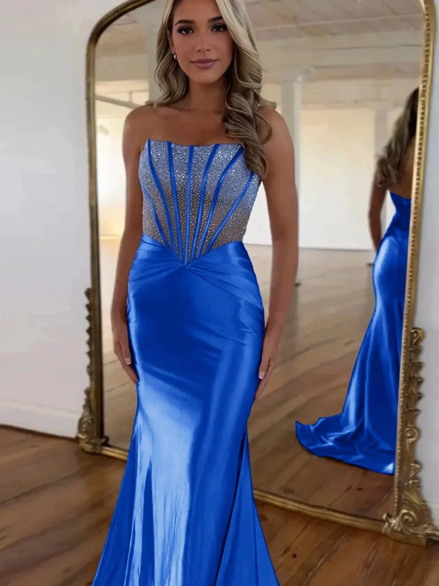 Serin | Purple Strapless Mermaid Satin Long Prom Dress With Beading by KissProm