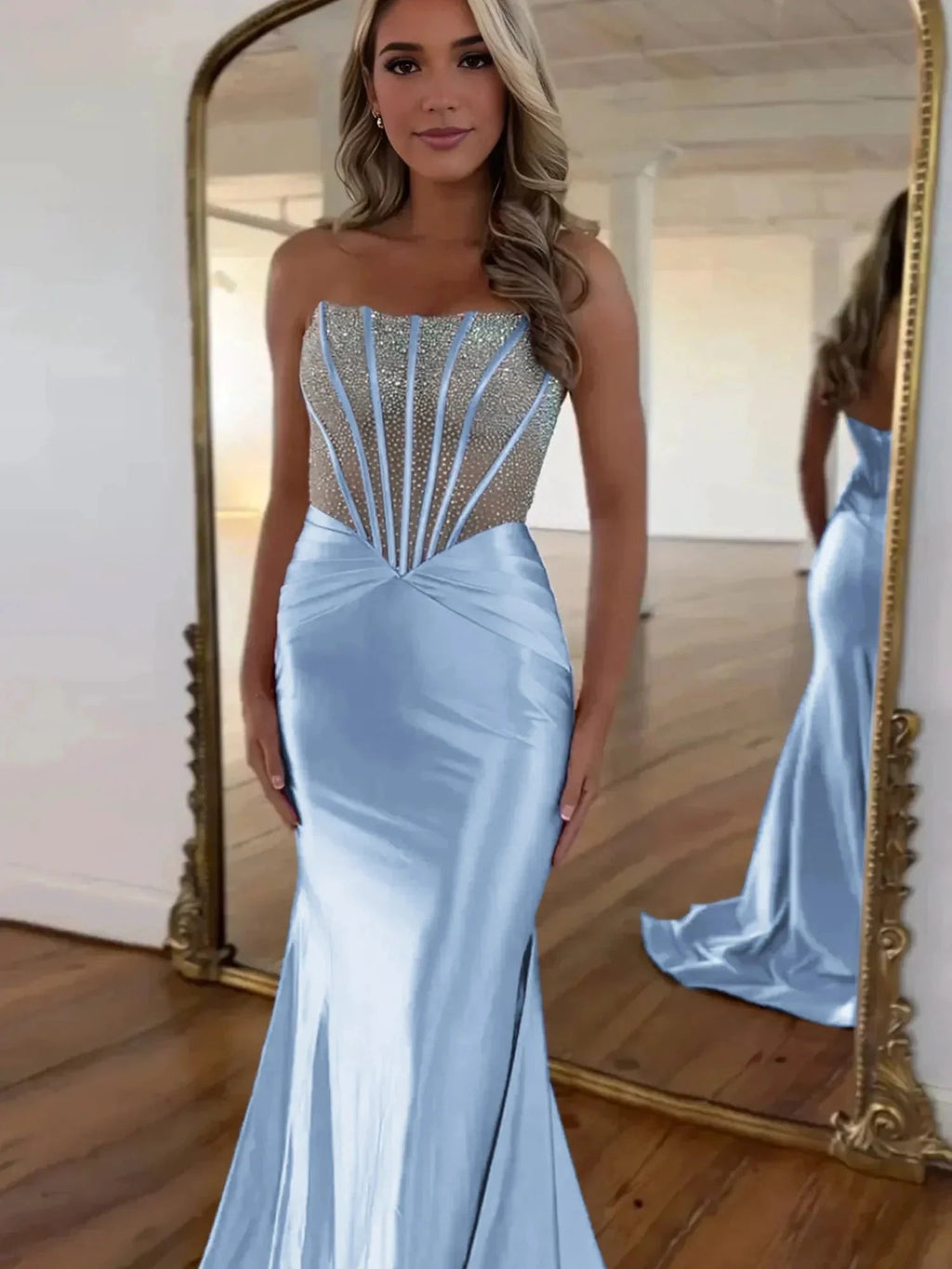 Serin | Purple Strapless Mermaid Satin Long Prom Dress With Beading by KissProm