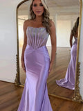 Serin | Purple Strapless Mermaid Satin Long Prom Dress With Beading by KissProm