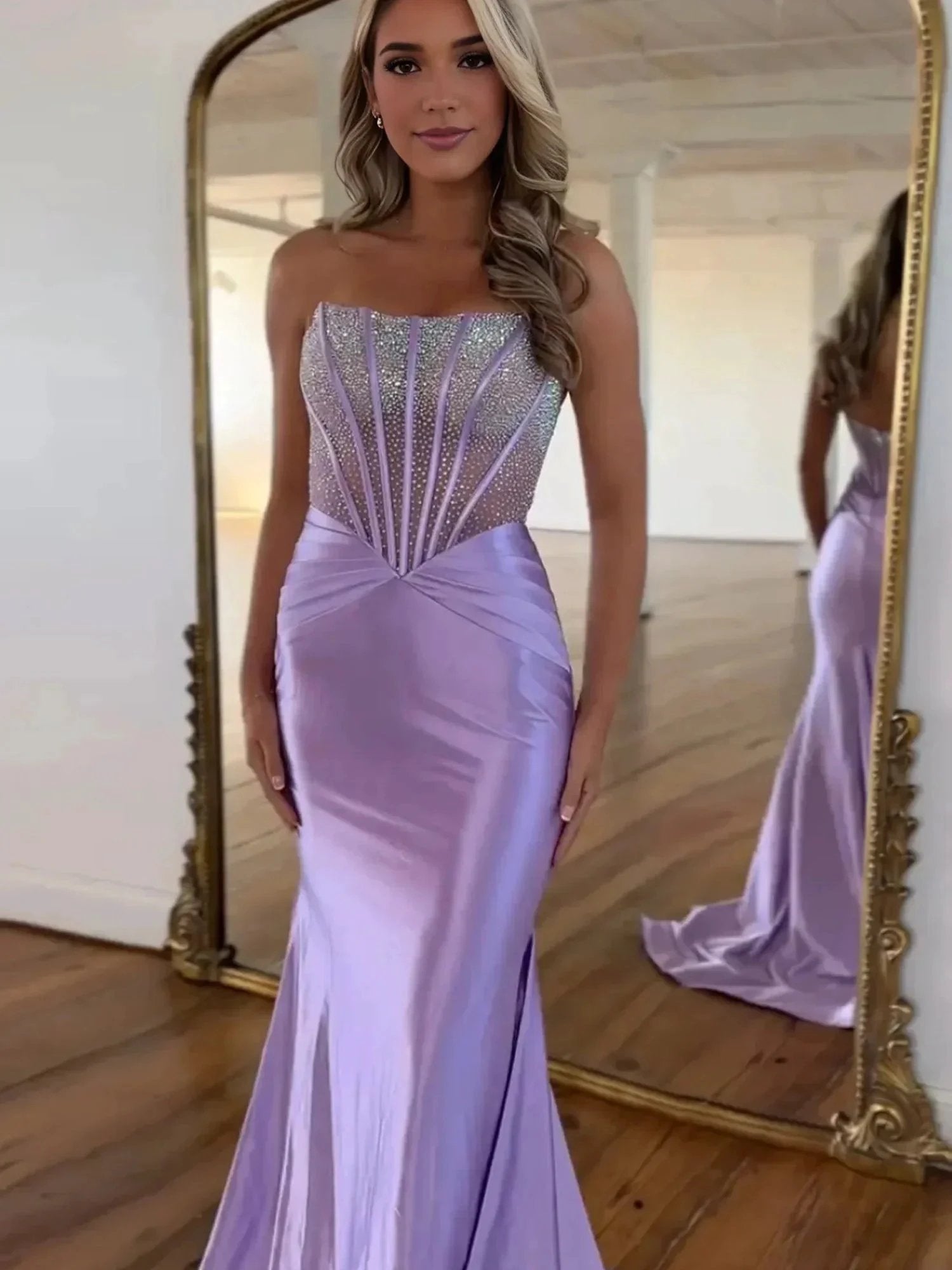 Serin | Purple Strapless Mermaid Satin Long Prom Dress With Beading by KissProm