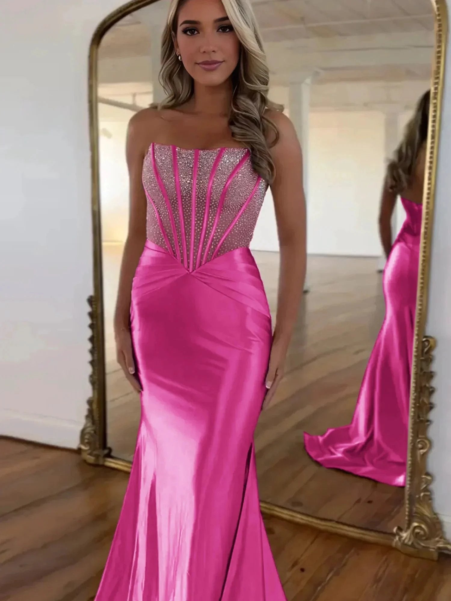 Serin | Purple Strapless Mermaid Satin Long Prom Dress With Beading by KissProm