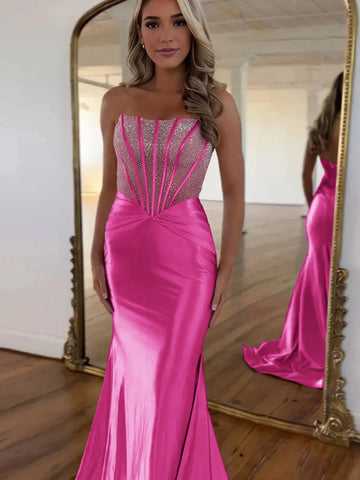Serin | Lila trägerloses Meerjungfrau-Ballkleid aus Satin mit Perlen