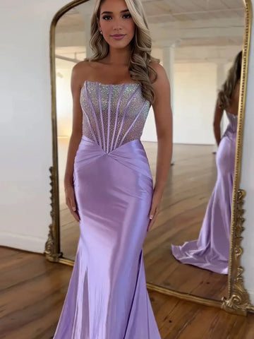 Serin | Lila trägerloses Meerjungfrau-Ballkleid aus Satin mit Perlen
