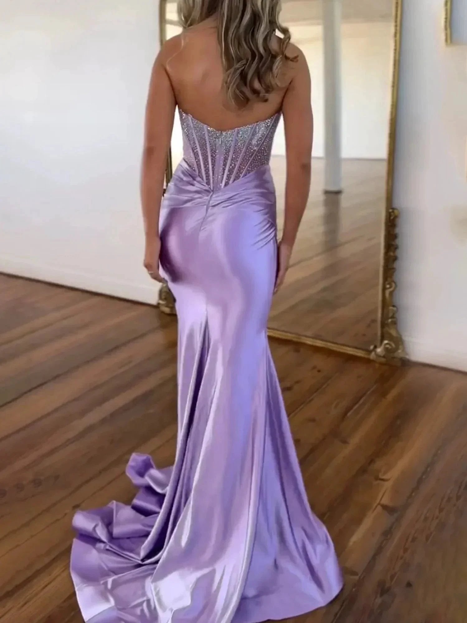 Serin | Purple Strapless Mermaid Satin Long Prom Dress With Beading by KissProm