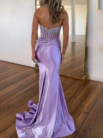 Serin | Lila trägerloses Meerjungfrau-Ballkleid aus Satin mit Perlen