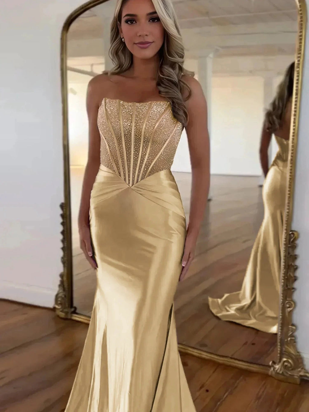 Serin | Purple Strapless Mermaid Satin Long Prom Dress With Beading by KissProm
