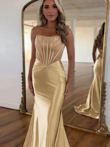 Serin | Lila trägerloses Meerjungfrau-Ballkleid aus Satin mit Perlen