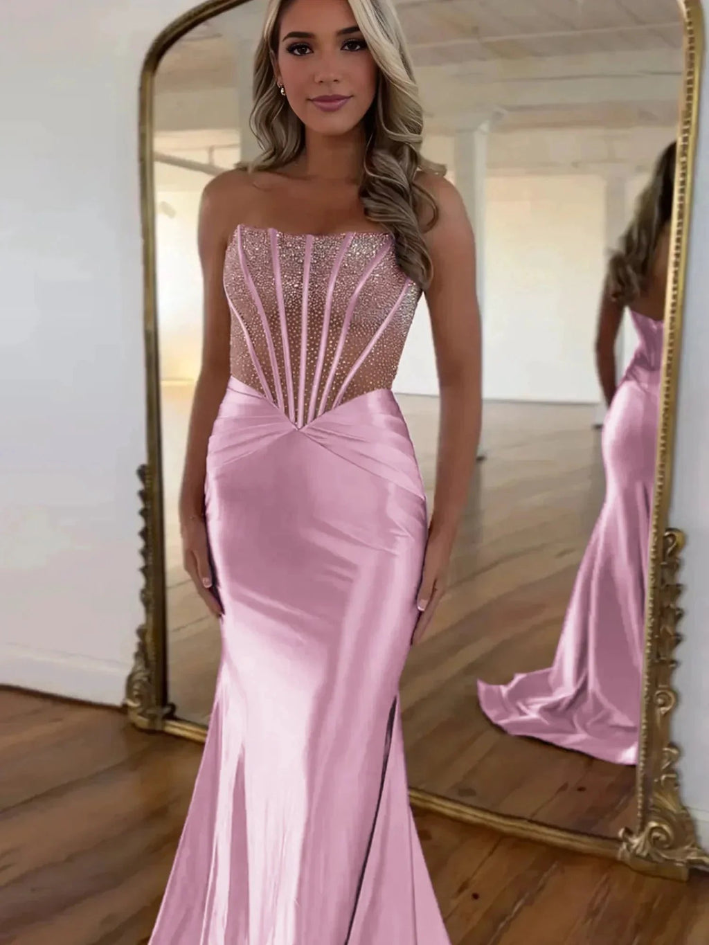Serin | Purple Strapless Mermaid Satin Long Prom Dress With Beading by KissProm