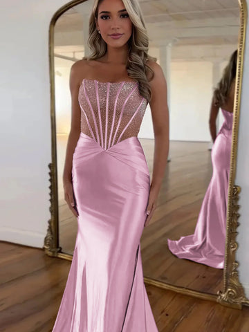 Serin | Lila trägerloses Meerjungfrau-Ballkleid aus Satin mit Perlen
